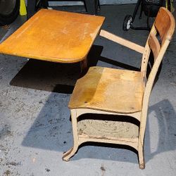 Vintage Metal Frame Wood Top School Desk w/Cubby