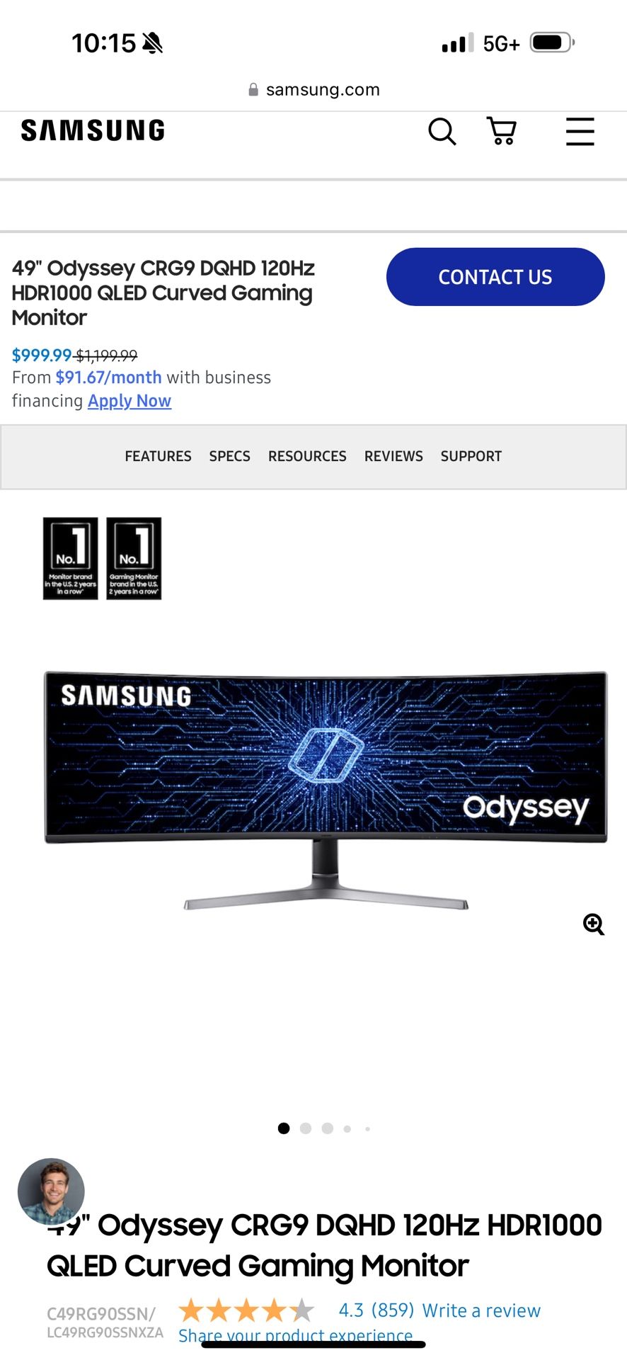 Samsung Odyssey CRG9 Curved Gaming Monitor