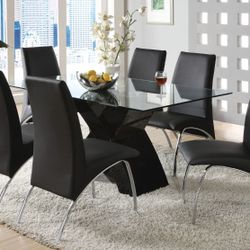 Brand New 7pc Wailoa Mod Black  X Shape Table Base Glass Top Dining Set High Gloss Lacquer Coating