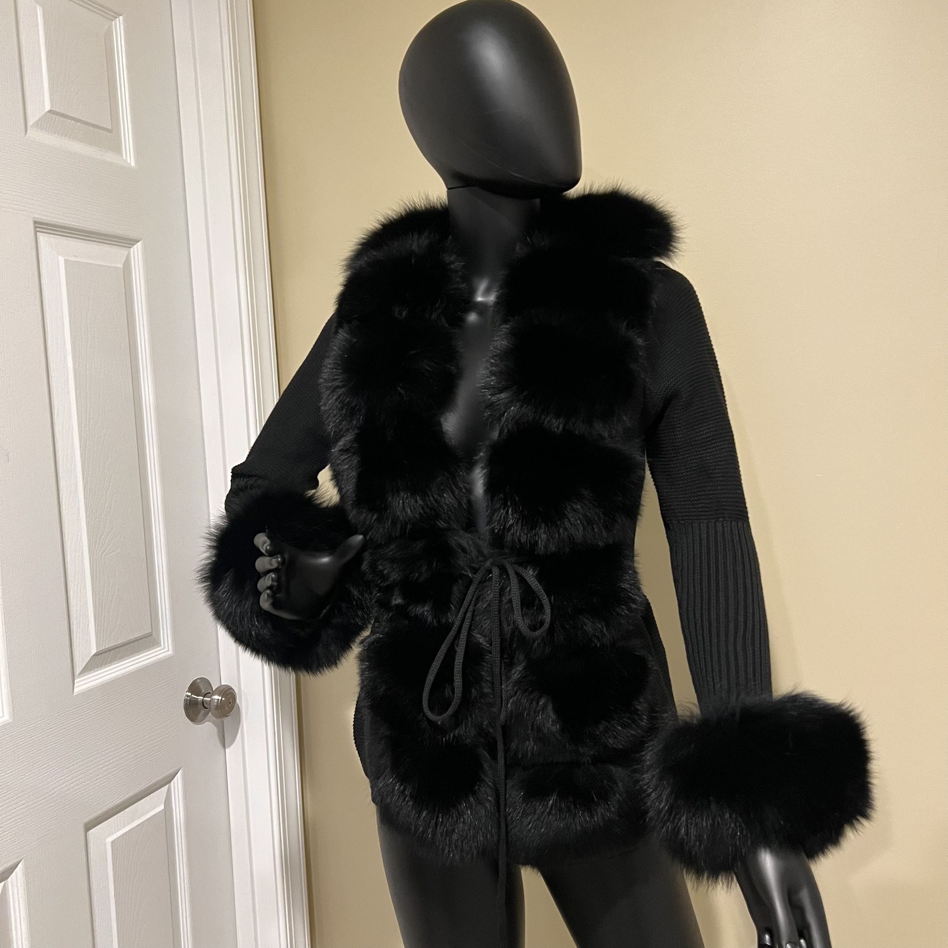 Real fox fur cardigan genuine fur collar trench coat parka jacket wool cape blaz