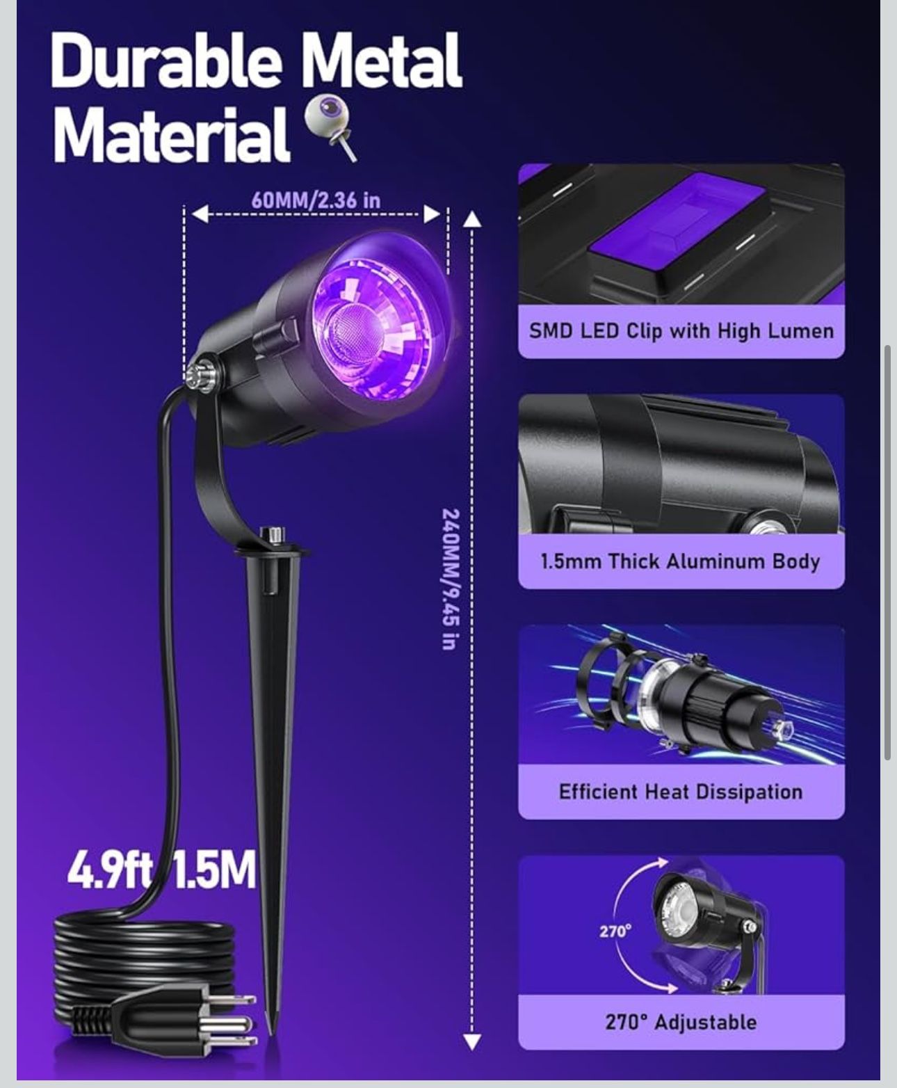 Halloween Black Light Spotlight Outdoor 12W IP65 Waterproof LED Spot Lights Landscape Lighting with 4.9ft US Plug
