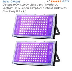 Glostars 100W LED UV Black Light, Powerful UV Spotlight, IP66, 395nm Lamp for Christmas, Halloween Glow Party (2 Packs)