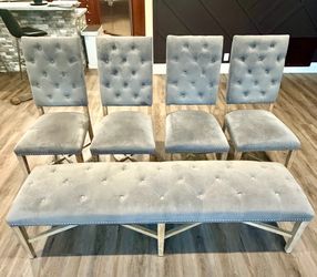 Z Gallerie Luxury Dining Chairs & Bench – 5 Piece Set – Gray Suede