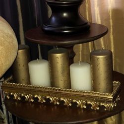 Gold And White Pillar Candles On A Gold Gilt Tray
