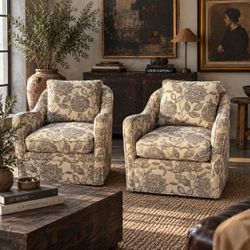 Pair of Floral Barrel Accent Swivel Chairs – Vintage Hollywood Regency Style