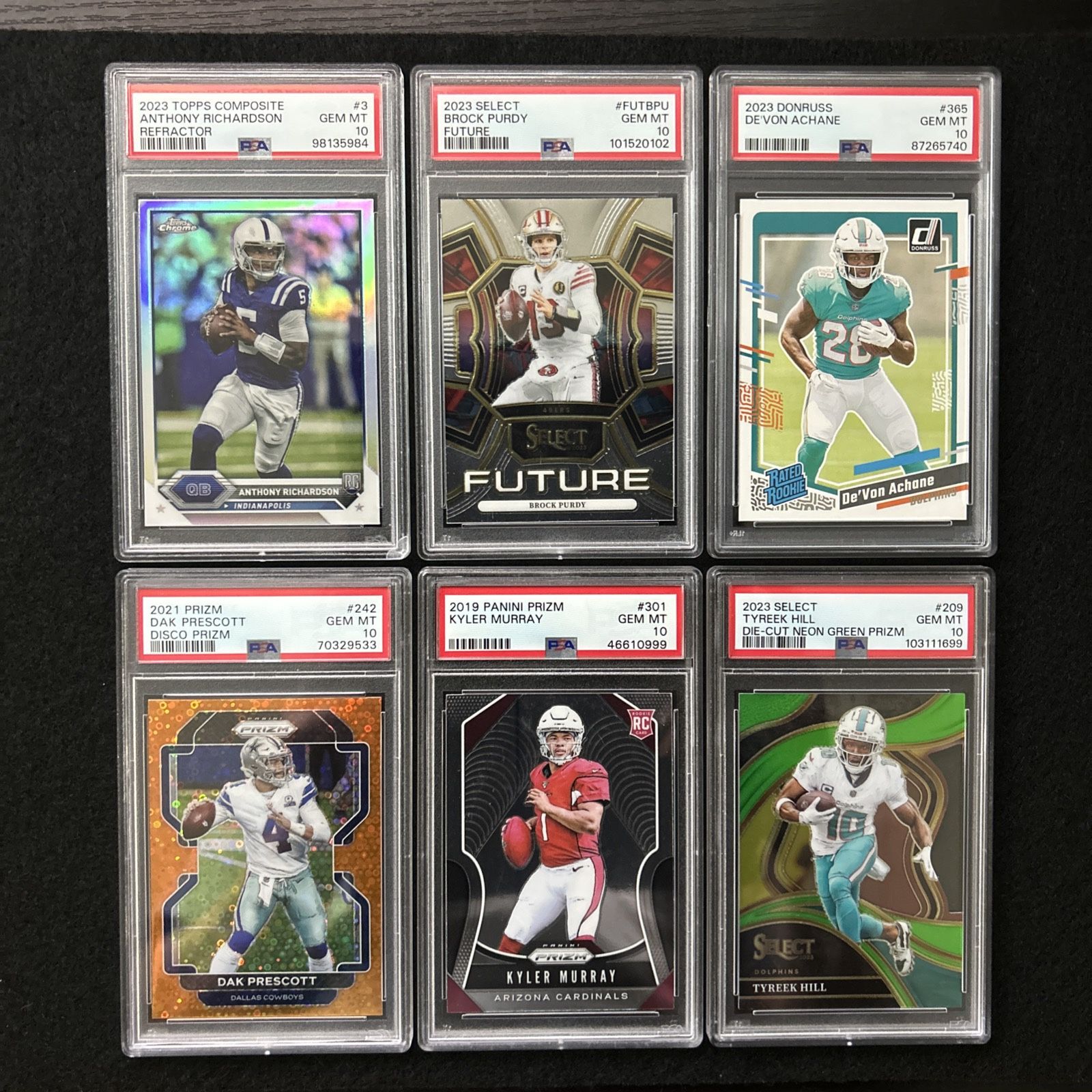 NFL Slab Lot (6) PSA 10 Richardson, Purdy, Achane, Dak, Kyler, Tyreek /499- RCs Prizms, Die-Cut