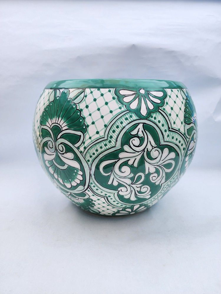 Green Talavera-Style Ceramic Planter Pot