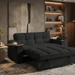 3-in-1 Folding Convertible Sofa Bed, Queen Size Pullout Sofa, Modern Chenille Fabric, 360° Swivel Side Table