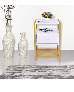 3-Tier White & Gold Nightstand Side End Table with Lower Mesh Shelf & Drawer