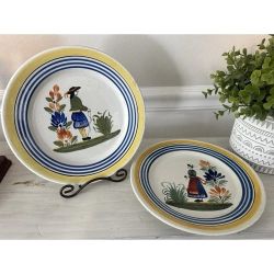 Pair Henriot Quimper 9" Breton Man & Woman Plates Yellow Blue French Faience