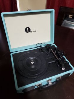 1byone Portable Suitcase Record Player Turntable - Turquoise Blue (Tested)