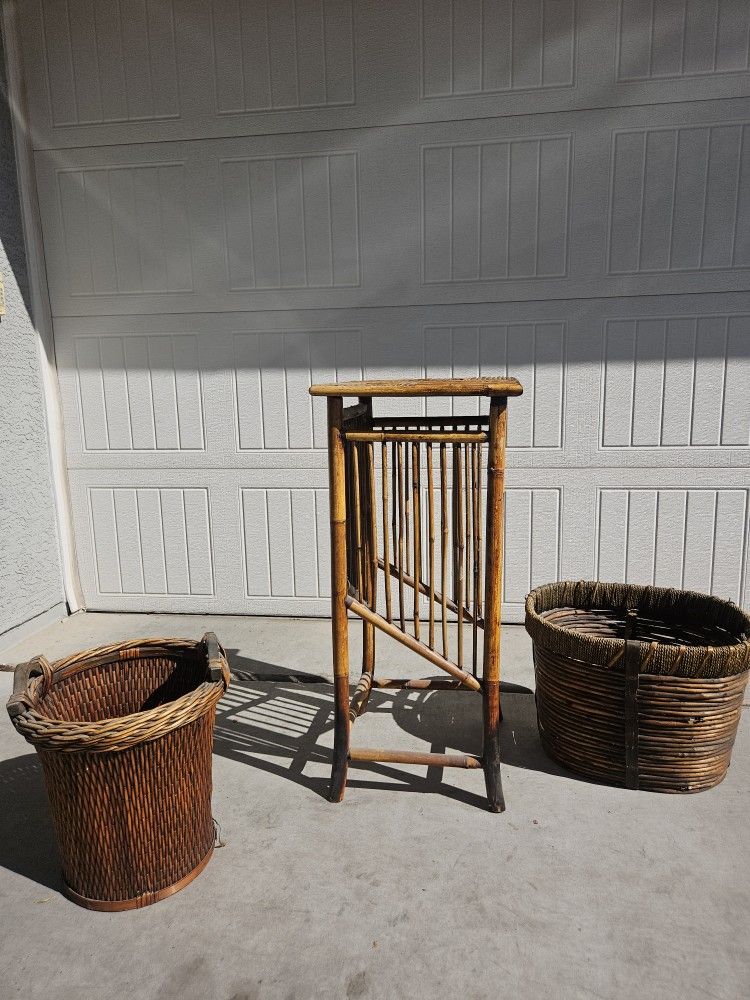 Vintage Plant Stand Bamboo & Wicker Baskets