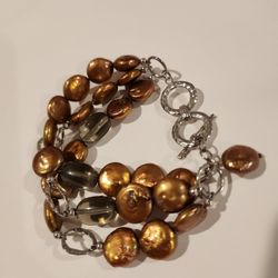 Silpada Sterling Silver/Bronze Coin Pearl/Smokey Quartz Bracelet