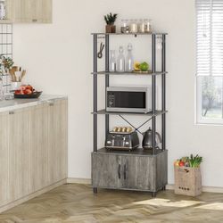 New Microwave Stand Bakers Rack with Cabinet 4-Tier Kitchen Shelf with Storage for Small Kitchens with Drawers & Hooks Wood Grey