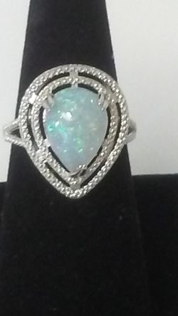 White Fire Opal TearDrop Ring Sz.9