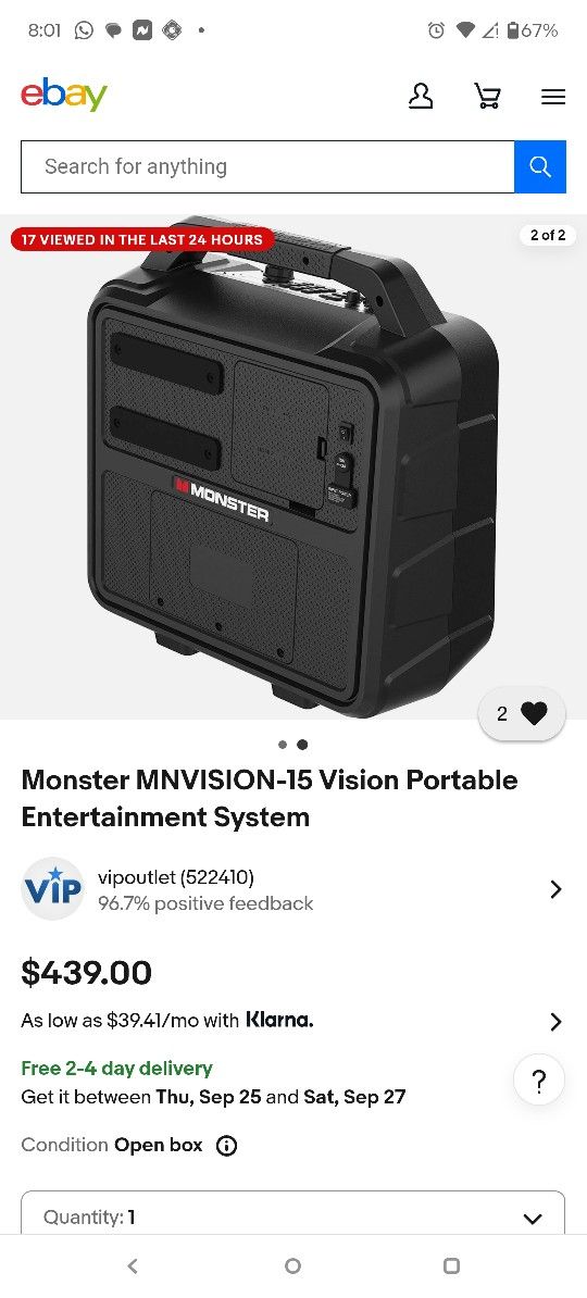 MONSTER MNVISION-15 VISION PORTABLE ENTERTAINMENT SYSTEM