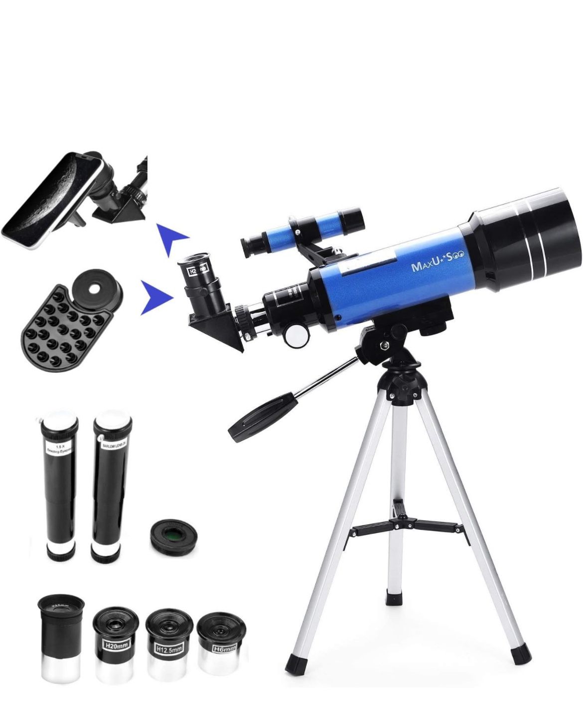 MaxUSee 70mm Telescope for Kids & Astronomy Beginners, Refractor Telescope with Tripod & Finder Scope, Portable Telescope with 4 Magnification eyepiec