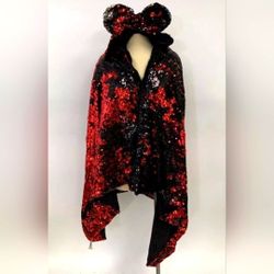 Disney Red And Black Reversible Sequined Hooded Minnie Mouse Cape.  New Without Tags. 
