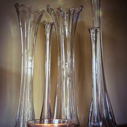 Vintage 5 Piece Clear Glass Swung Vases 