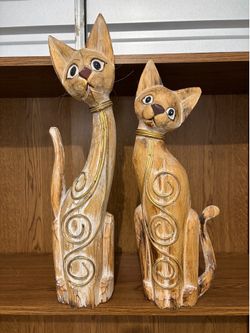 Distressed Wooden Cat Statues Pair w/ Golden Accents