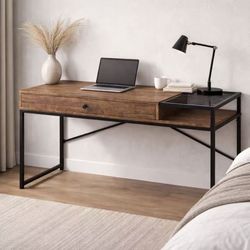1  Drawers brown Desk, Writing Desk with black Legs for Home Study Office,L43.5 W18.5 H30