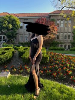 Formal Ribcage Mesh Dress w/Front Slit, Size Medium, Color Black