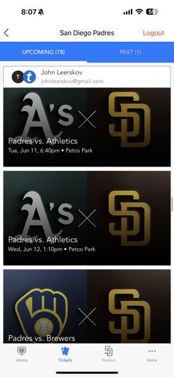 2 Tickets Padres Vs Athletics Wednesday 6/12 $40