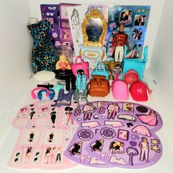 lot of Barbie clothes, accessories, stickers, furniture, and more