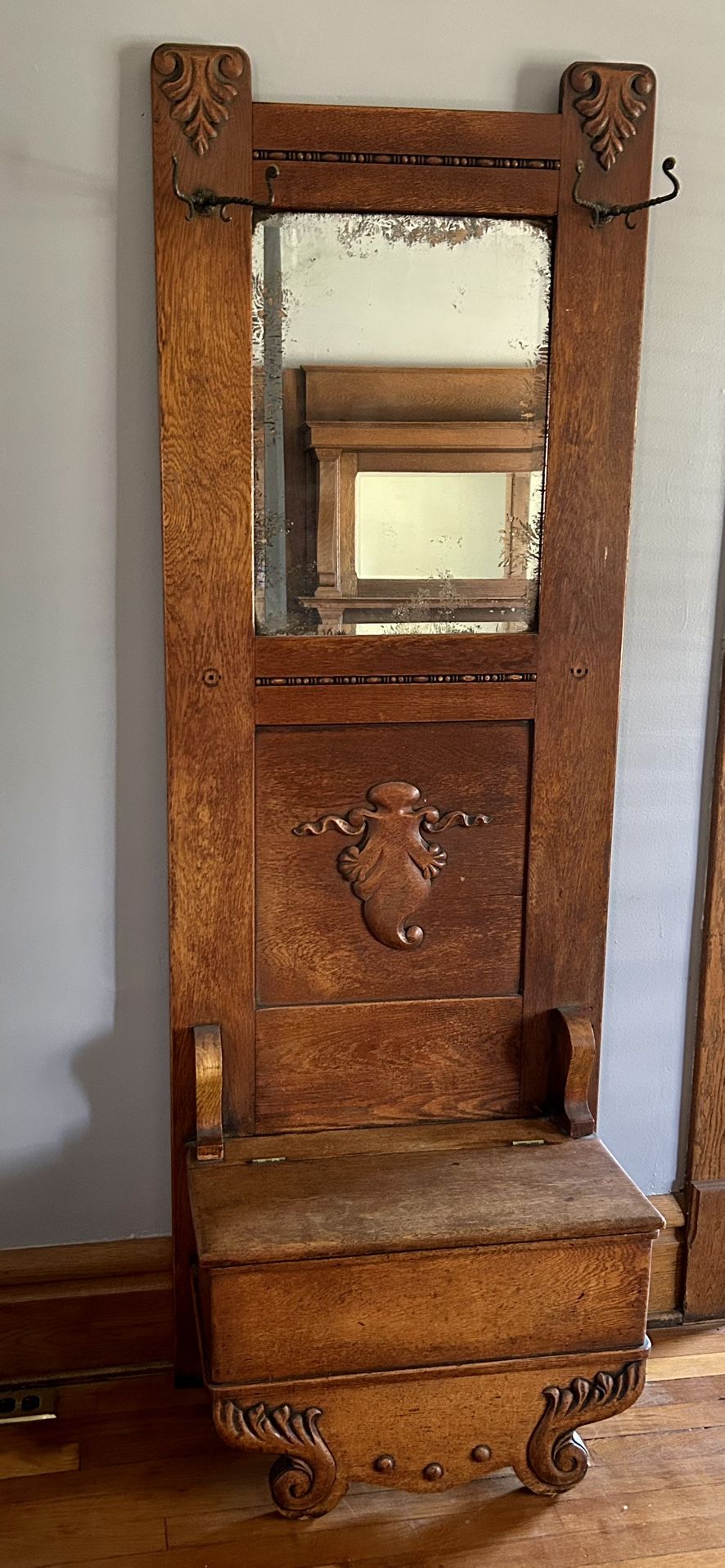Antique Victorian Oak Hall Tree with Mirror and Storage Seat