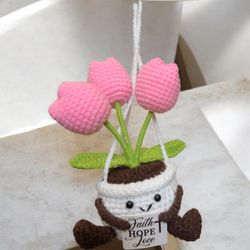 Unique Pink Tulip Flower Pot Handmade Crochet Cute Gift Amigurumi Decoration
