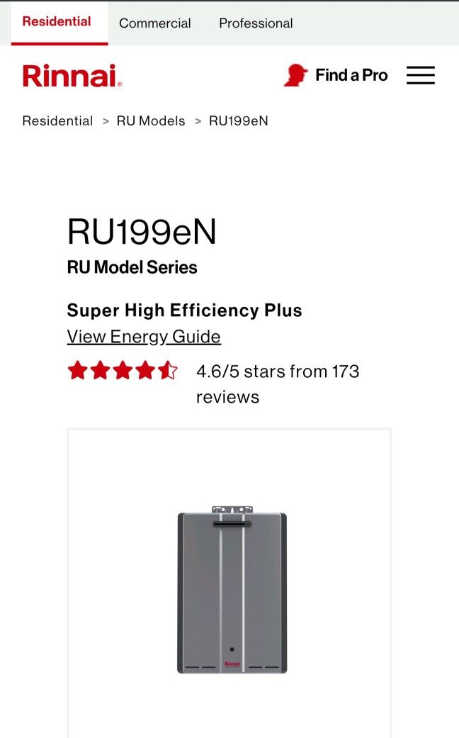 Rinnai Ru199eN - 199,000 BTU Tankless 