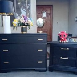 3 Large Drawer Dresser With 2 Drawer Nightstand - All Solid Wood - Black With Gold 