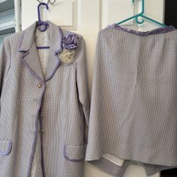 💜 Vintage Women's Skirt Suit Set – Lavender Gingham Check – Elegant Long Blazer & Skirt – Size  L/XL