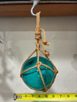 Teal Glass Fishing Float with Rope Net