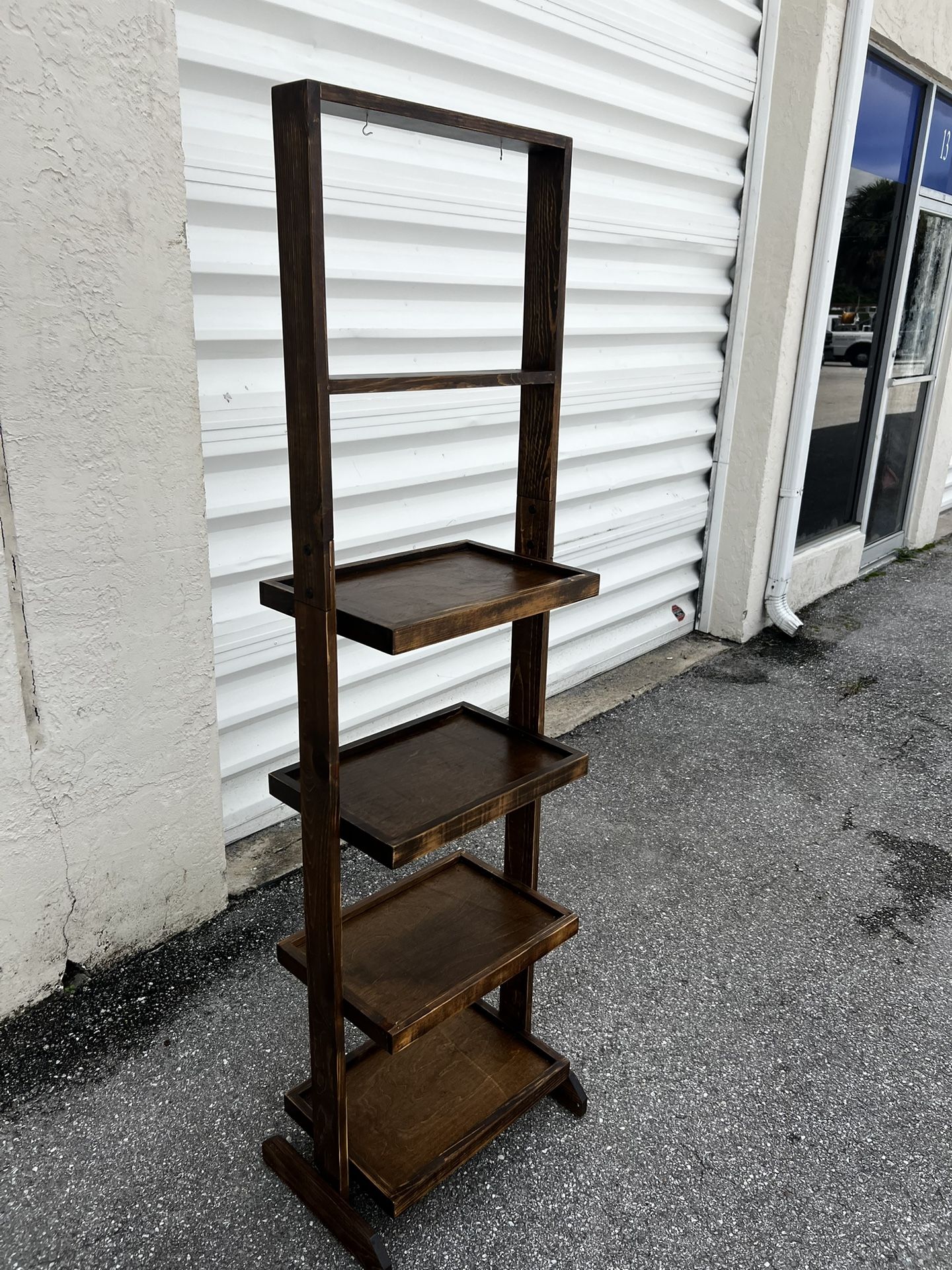 Wooden 4 Tier Bookshelf/Plant Storage Rack Shelf with Hooks for Hanging Plants! Sturdy. Good condition! 21z14x71in
