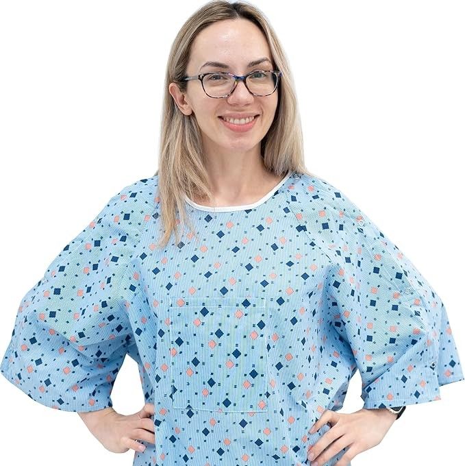 3-Pack Unisex Hospital Gowns โ IV Snap Sleeves, Tie-Back, Blue Diamond Pattern (XL)
