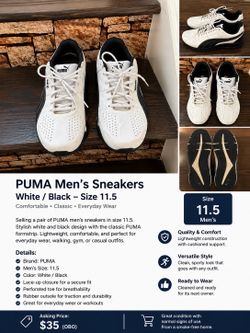 PUMA Men’s Sneakers – White/Black – Size 11.5 – Great Condition