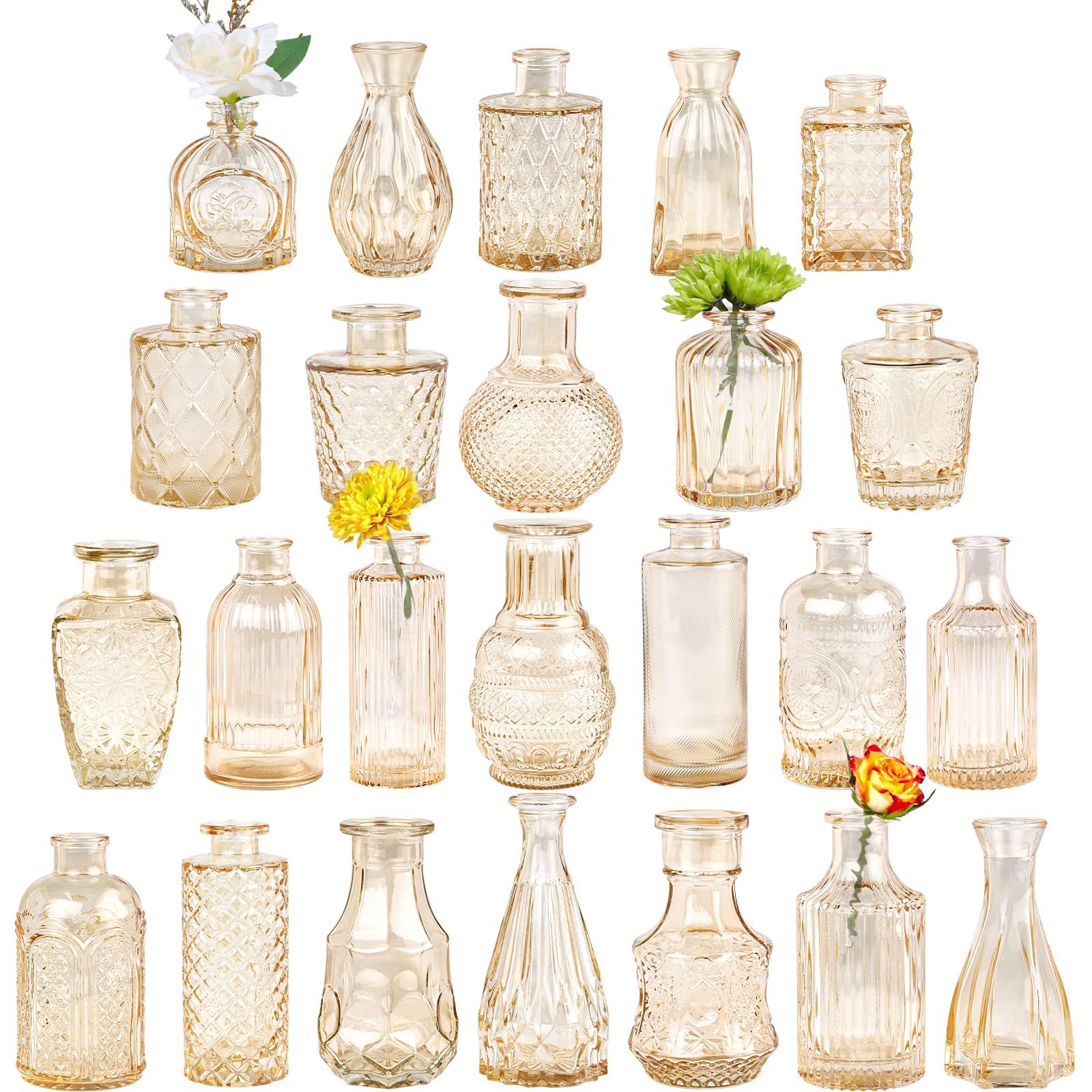 TBWIND Glass Bud Vase Set Of 24, Small Amber Flower Vases For Centerpieces In Bulk, Mini Vintage Vase For Wedding Decor, And Home Table Décor