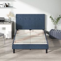 Queen Blue Upholstered Platform Bed Frame w/ Headboard – No Box Spring Needed
