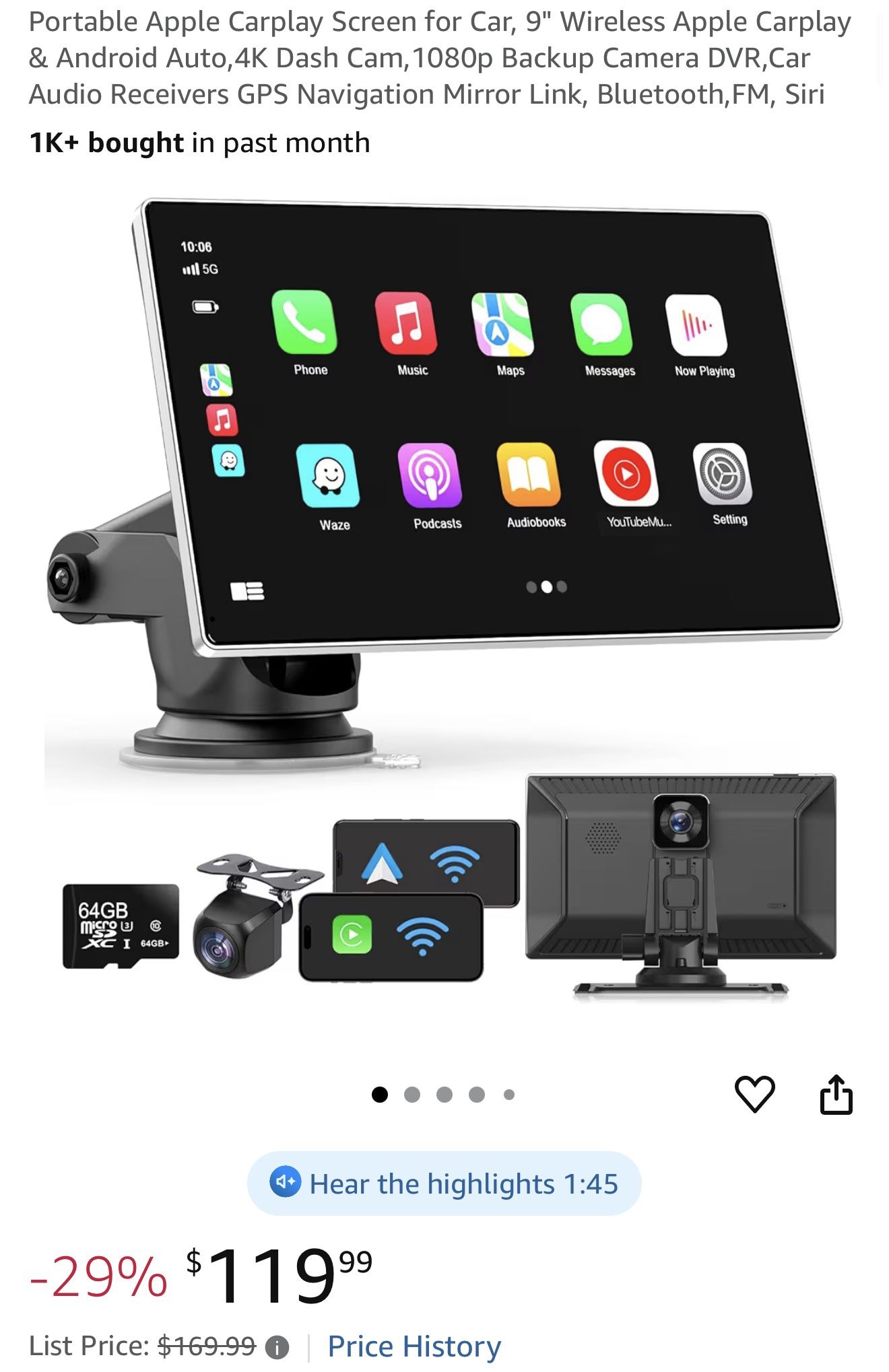 Portable Apple Carplay Screen for Car, 9" Wireless Apple Carplay & Android Auto,4K Dash Cam,1080p Backup Camera DVR,Car Audio Receivers GPS Navigation