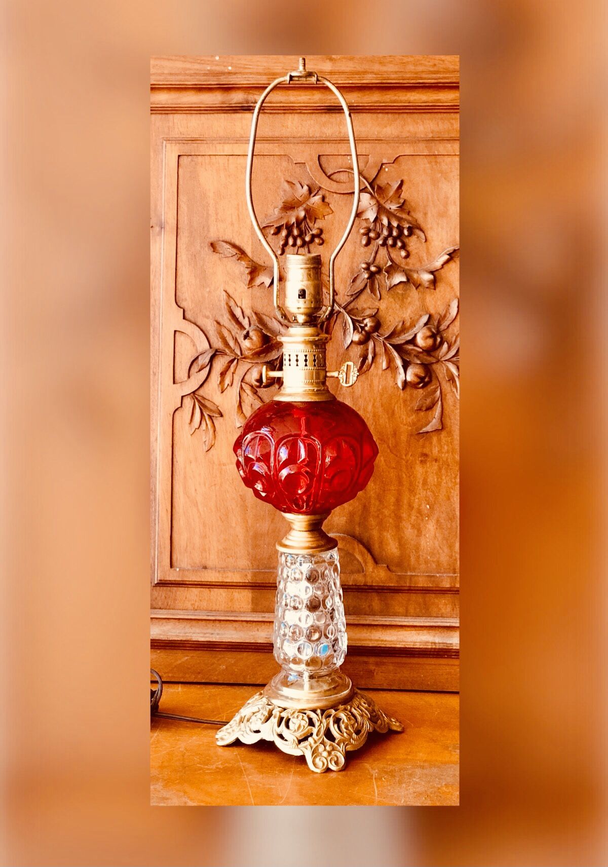 PAUL HANSON VINTAGE RUBY RED & CLEAR BUBBLE GLASS ~ FRENCH “OIL LAMP STYLE”, and/or VICTORIAN EMPIRE STYLE TABLE LAMP