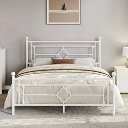 White Metal Bed Frame with Quatrefoil Design - Twin