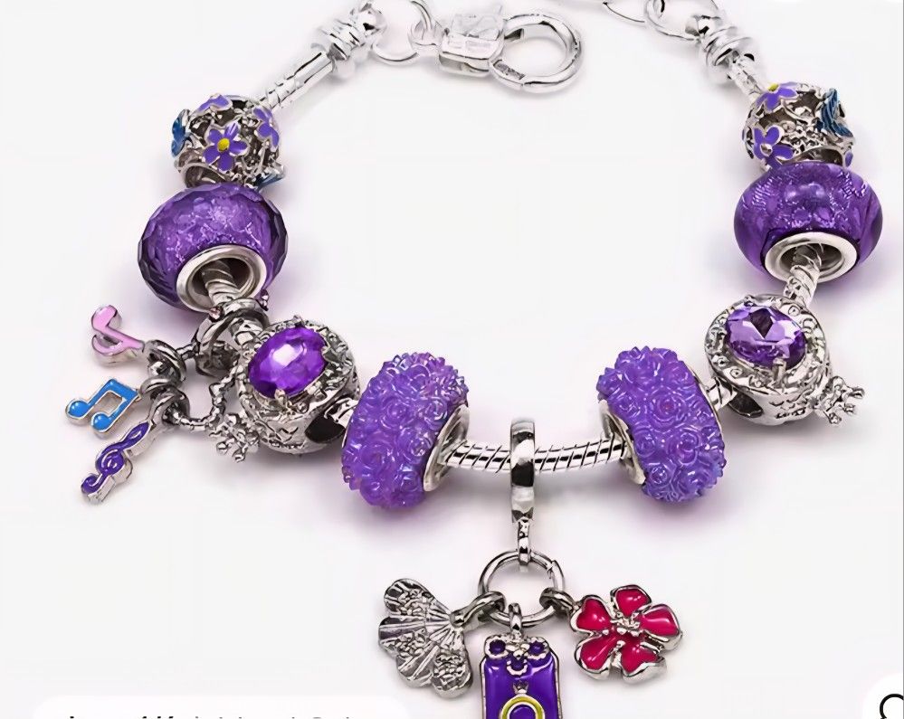 New Silver Dreamy Purple Crown, Music Notes, Flower And More Charm Braclet