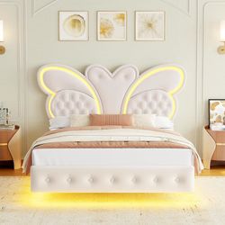 Queen Bed Frame Butterfly-Pattern Upholstered Headboard, Modern Floating Bed with LED Lights Button Tufted on Headboard and Footboard, Slats Support N