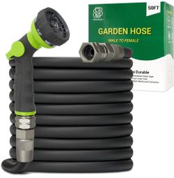 Brand New! Bluebala Flexible Garden Hose 50FT - Heavy Duty Hybrid Water Hose with 8-Pattern Nozzle, Stain Proof, Leak Preventing, Swivel Fittings for 