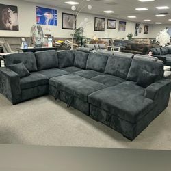 Black corduroy sectional pullout sleeper bed w/ USB port