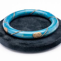 Vintage Blue bangle wrapped with copper wire and copper hearts