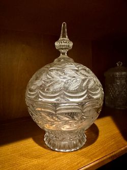 Vintage Etched Glass Pedestal Candy Dish with Lid