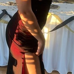 Red With Black Mesh Prom Dress With Gloves *