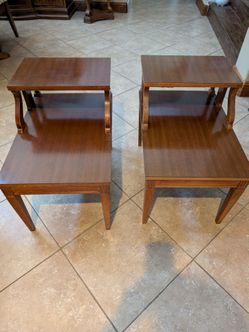 Pair of Mid-Century Modern Two-Tier Step End Tables Nightstands makers mark